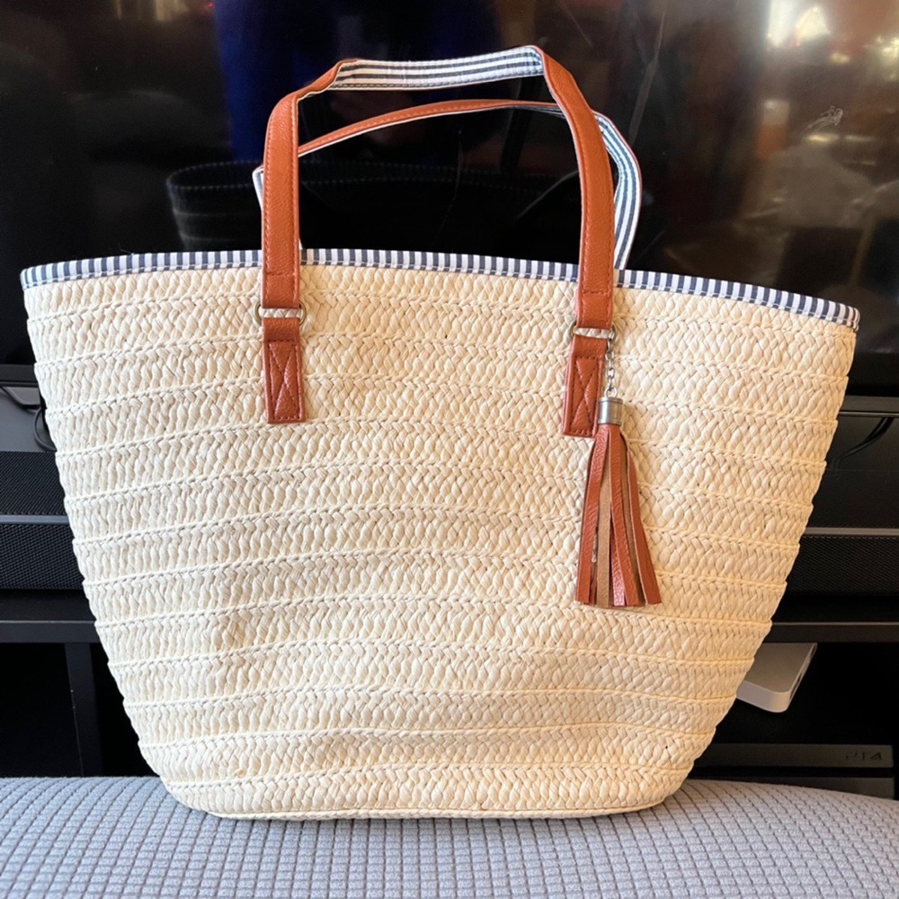 lined natural straw market bag/shopper shoulder bag/straw bag/travel tote bag